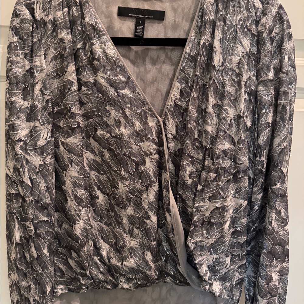 White House Black Market Gray and White Feather Print Blouse